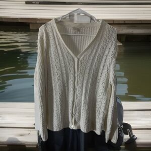 VTG Y2K Bobbie Brooks‎ Cardigan Crochet Sz L Cream Cable knit Chunky USA Hispper